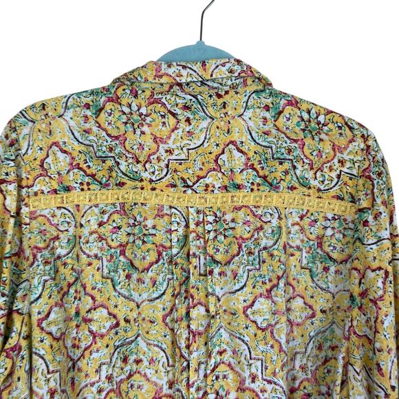 Anthropologie Pilcro Sz 1X Pintuck Peasant Blouse Yellow Floral Crochet Cottage - Picture 8 of 16